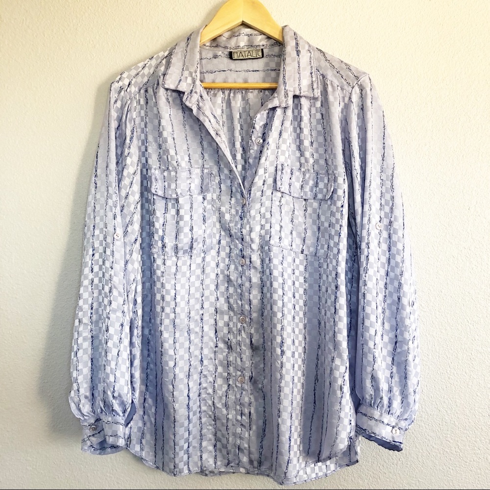 Vintage 90s Blue Lavender Patterned Collared Top